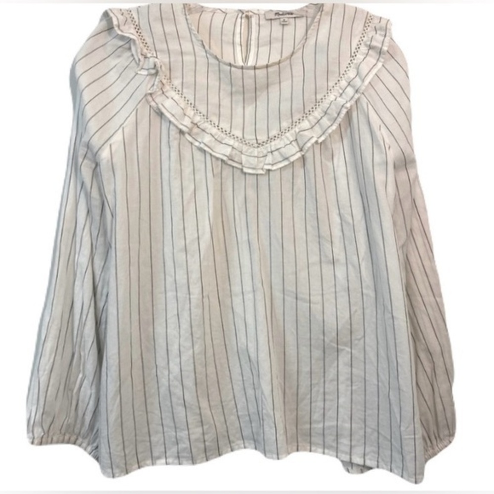 Sale🖤Madewell Women’s Cotton White Striped Peasant Top Size Medium Long Sleeve